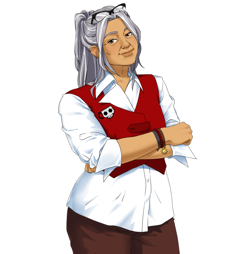 An older Filipino woman with long grey hair in a high ponytail and glasses on top her head. She is wearing a red vest and a skull pin.
