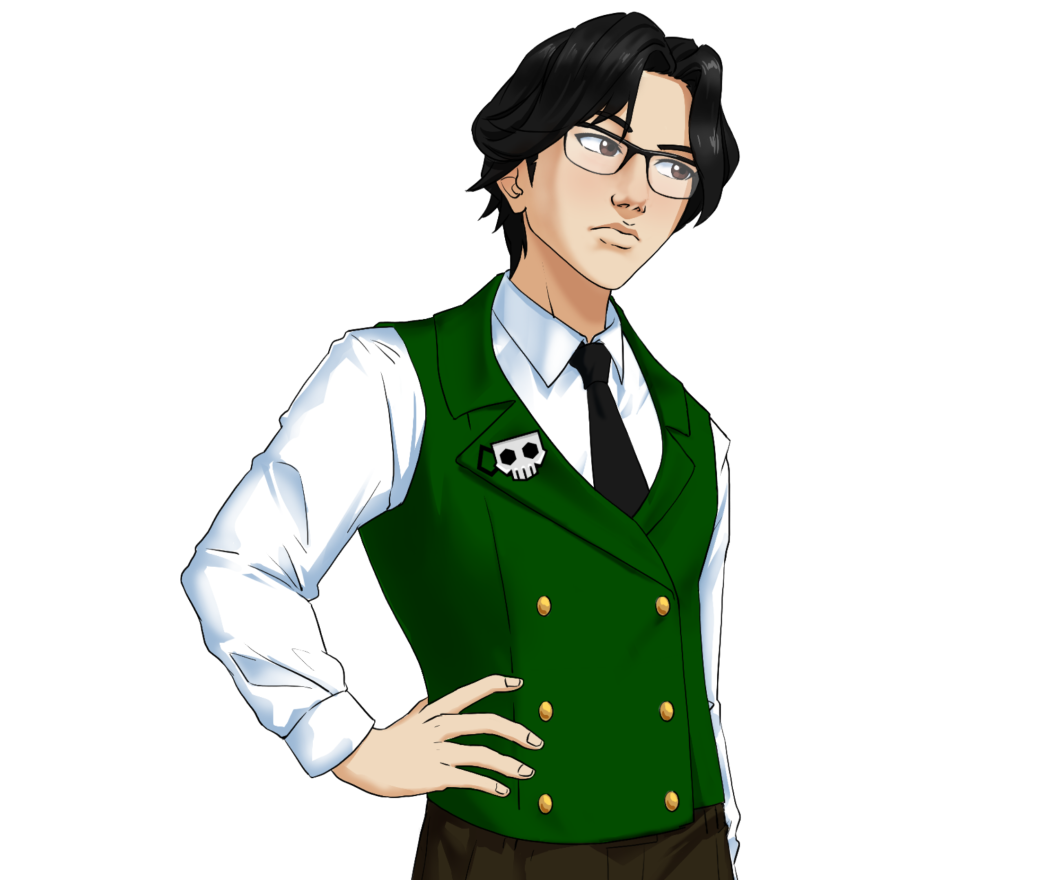 A young Asian man with glasses and black hair. He is wearing a green vest and a skull pin.