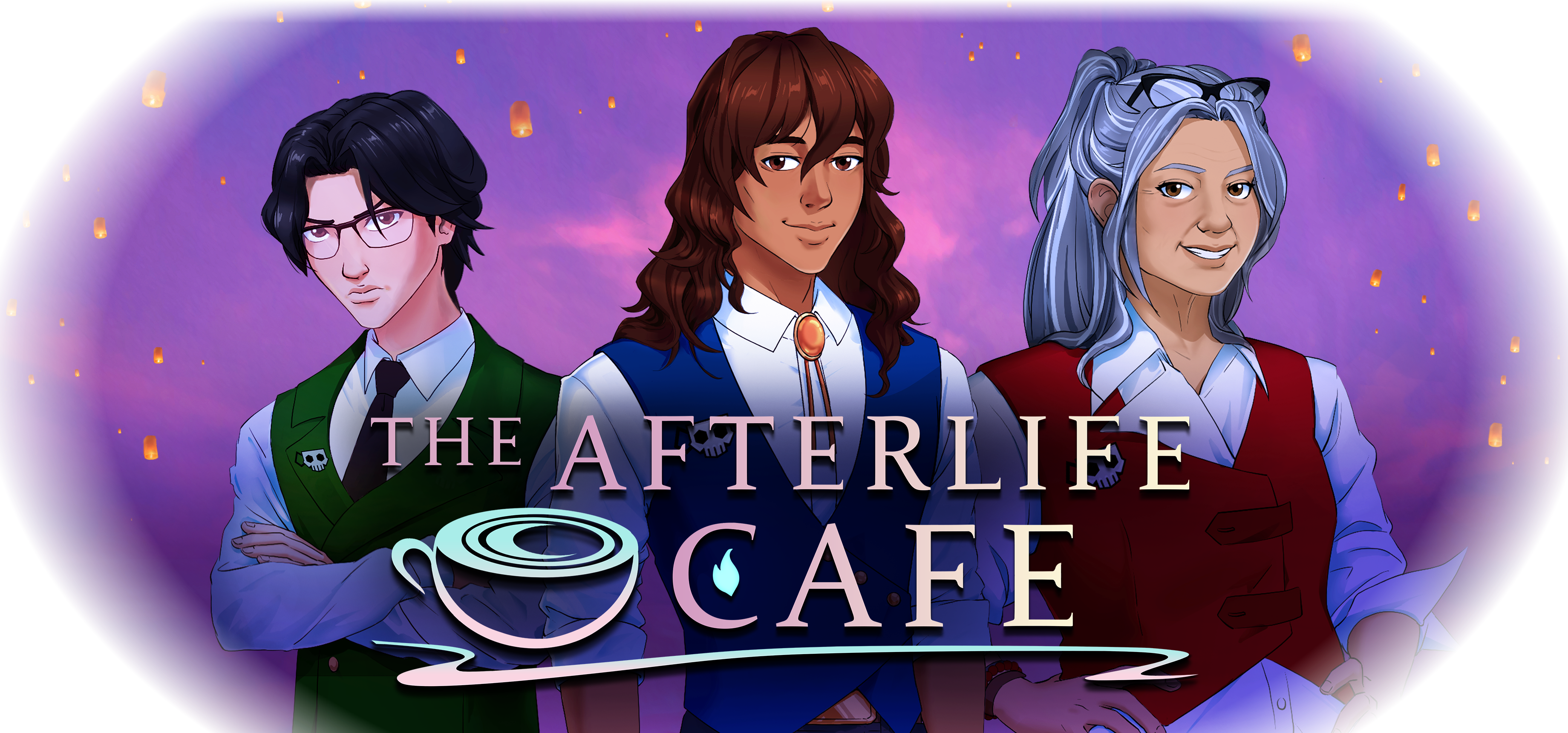 The Afterlife Cage logo and three people in front of a purple cloudy sky