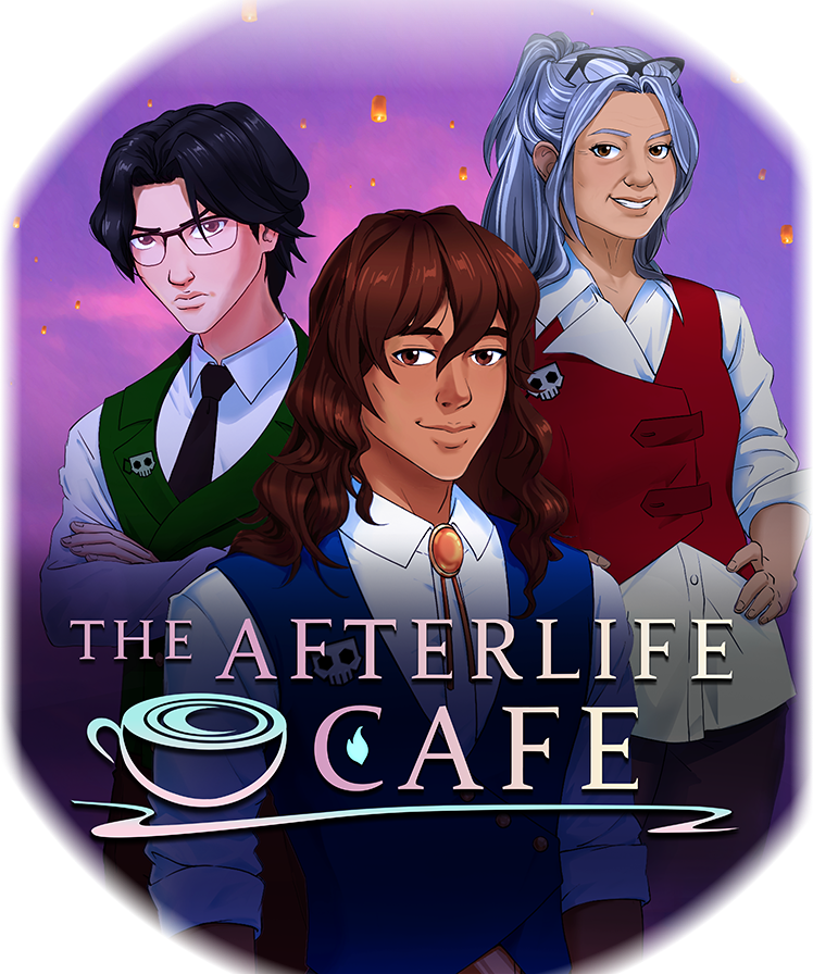 The Afterlife Cage logo and three people in front of a purple cloudy sky